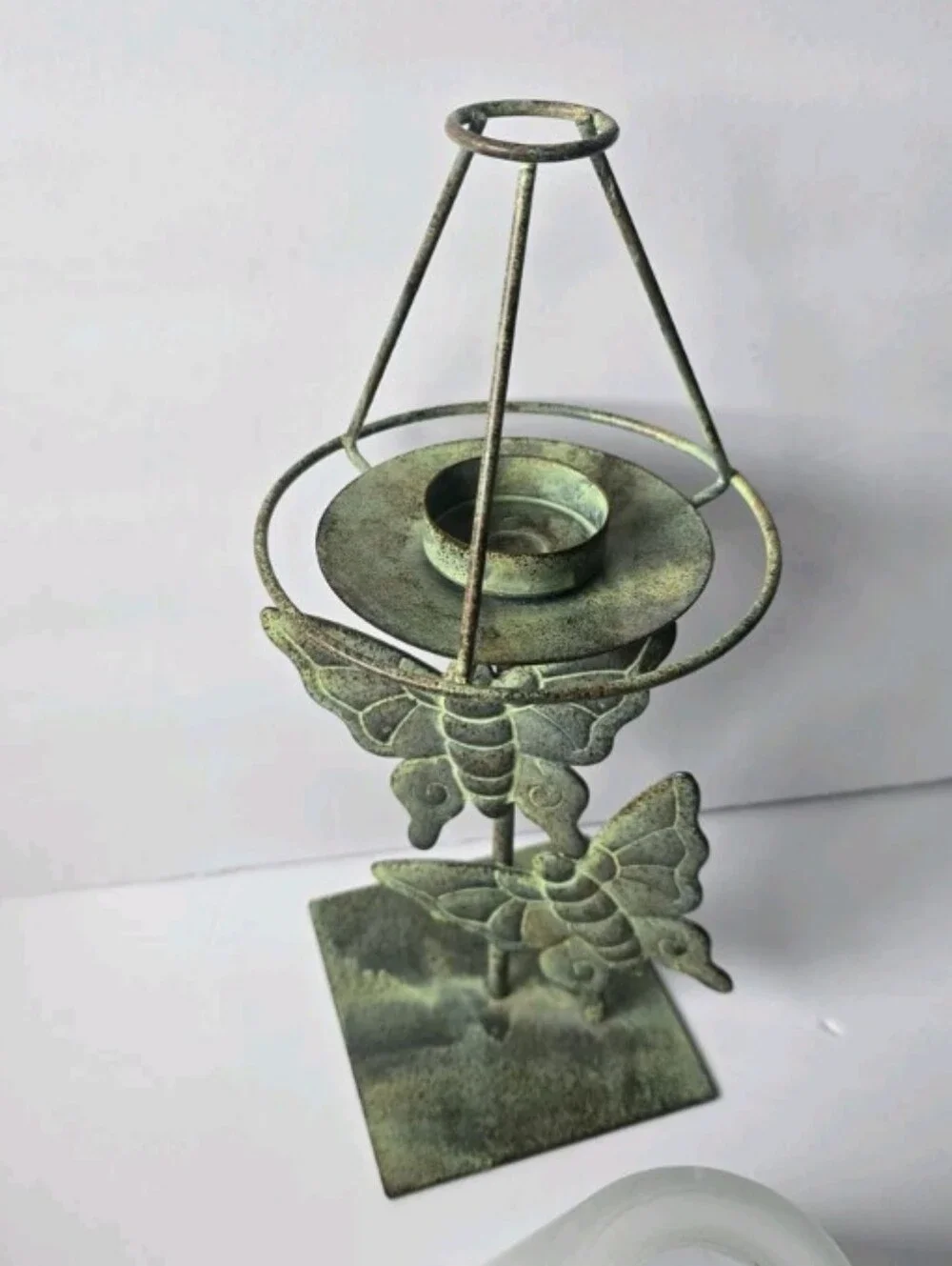 Butterfly Metal Tea Light Candle Lamp with Frosted Glass Shade Whimsy Vintage